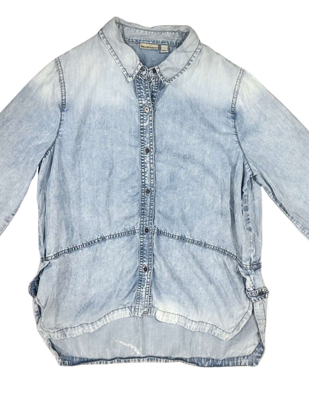 HOLDING HORSES Light Wash Blue Denim Button Up Shirt Jacket Shacket